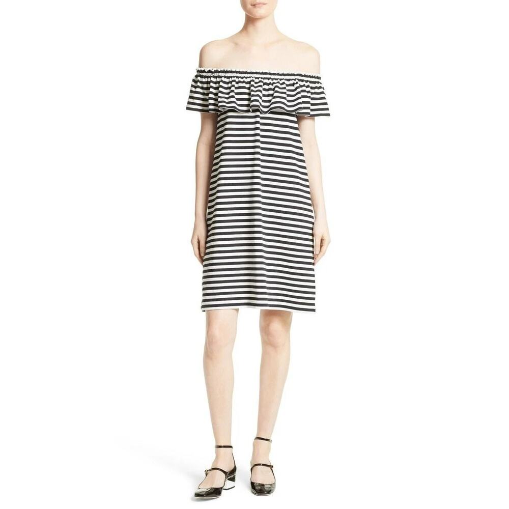 Kate Spade Off Shoulder Mini Dress Black Stripe Cotton A Line Shift XXS